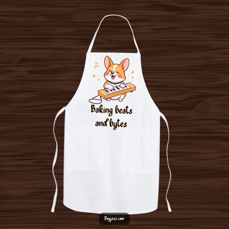 Funny Corgi apron showing a corgi character happily typing on a keyboard while cooking, a comical kitchen accessory.