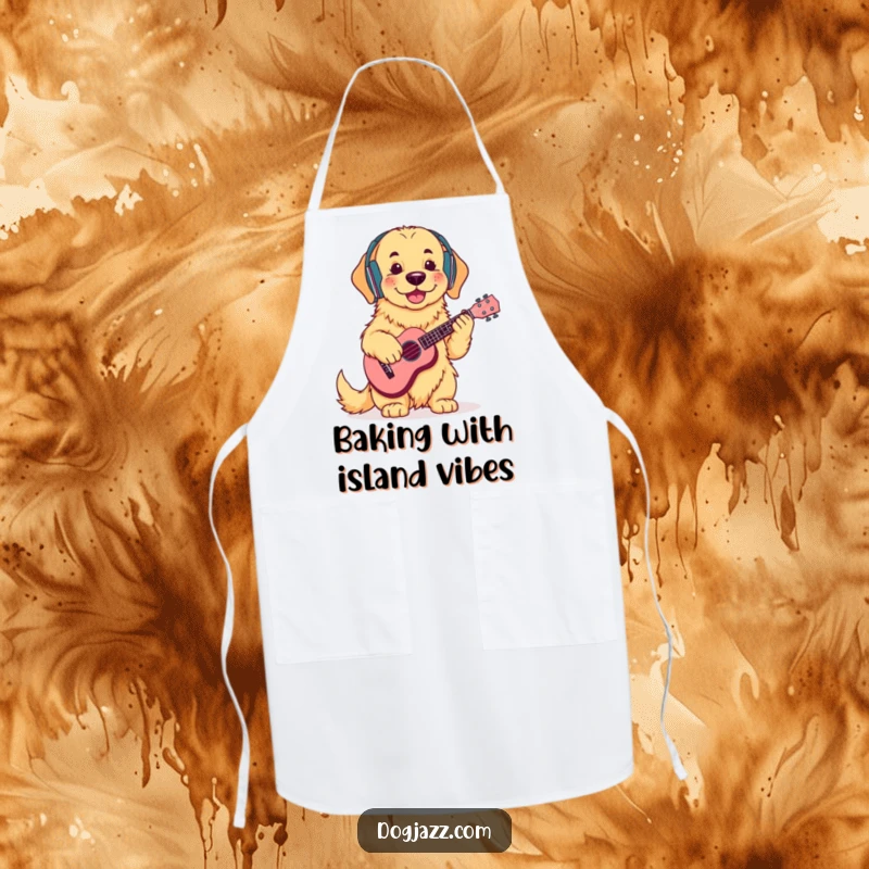 Funny Golden Retriever Ukulele Apron: A cool golden retriever wearing headphones, strumming a ukulele, adding musical fun to kitchen tasks.