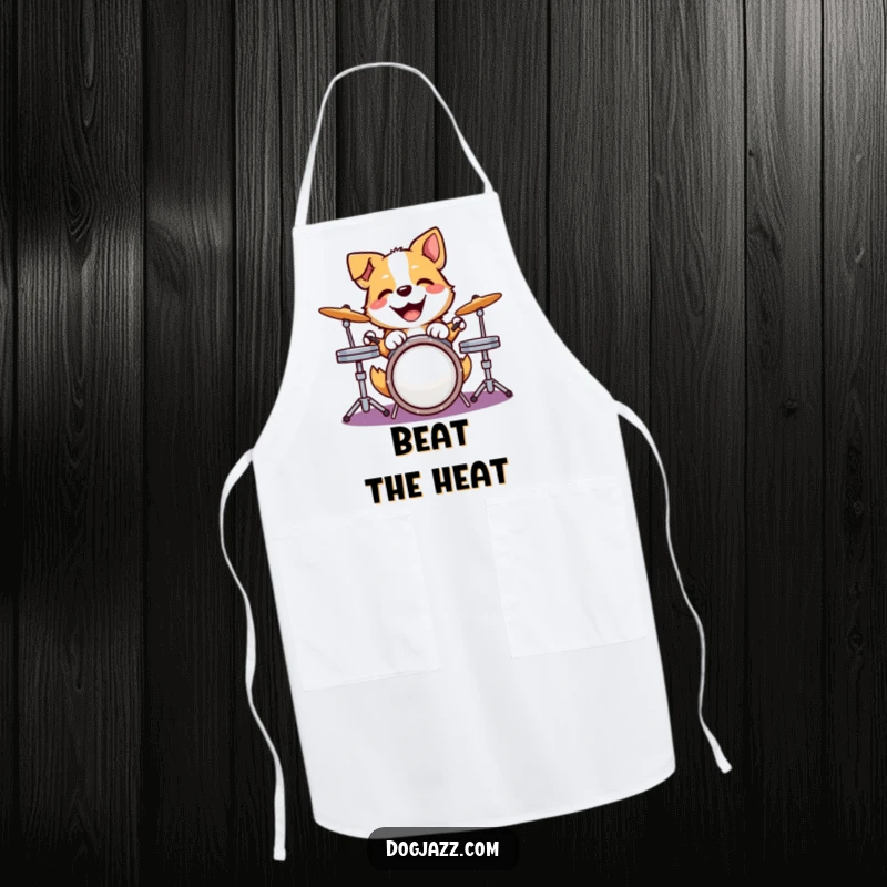 Funny dog apron with a happy dog joyfully pounding on a drum kit, bringing musical energy to cooking.