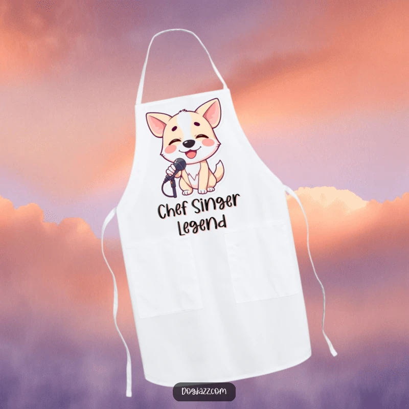 Funny dog crooning into a microphone with closed eyes, a culinary artist ready to perform in the kitchen on an apron.