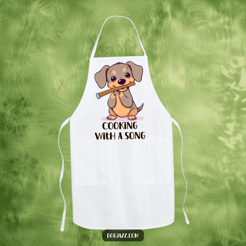 Funny Dachshund Apron: A cute dachshund wearing an apron and playing a flute, ready to make culinary music.