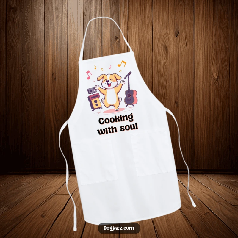 Funny dog dancing to jazz music, wearing a humorous apron.