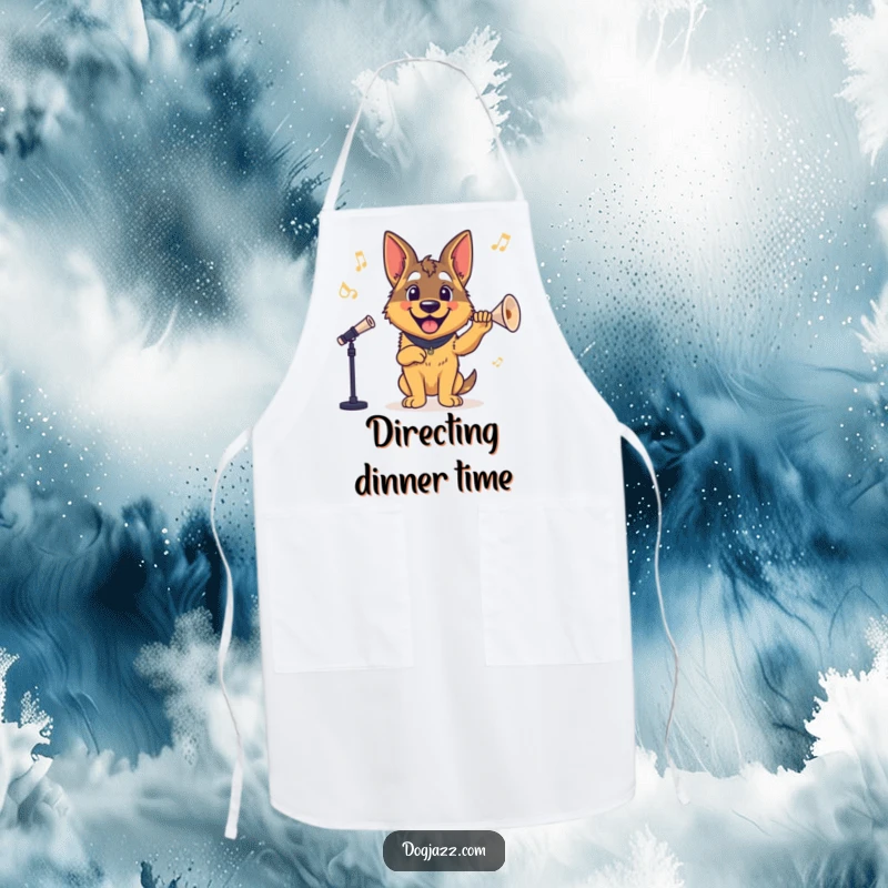 Funny German Shepherd Apron: A happy German Shepherd wearing an apron and conducting a band, ready for kitchen harmony.