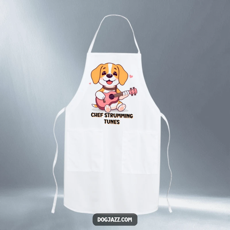 Funny beagle apron showing a happy dog strumming a ukulele while preparing delicious food with a smile.