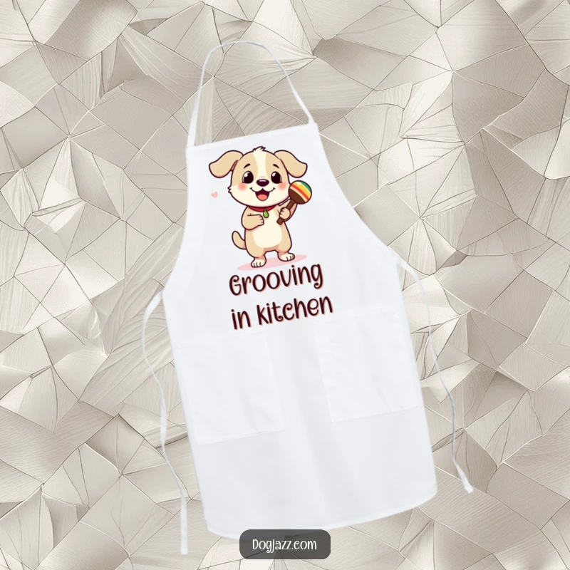 Funny dog character enthusiastically dancing with maracas, a humorous and practical apron for kitchen fun. Adds rhythm to cooking.