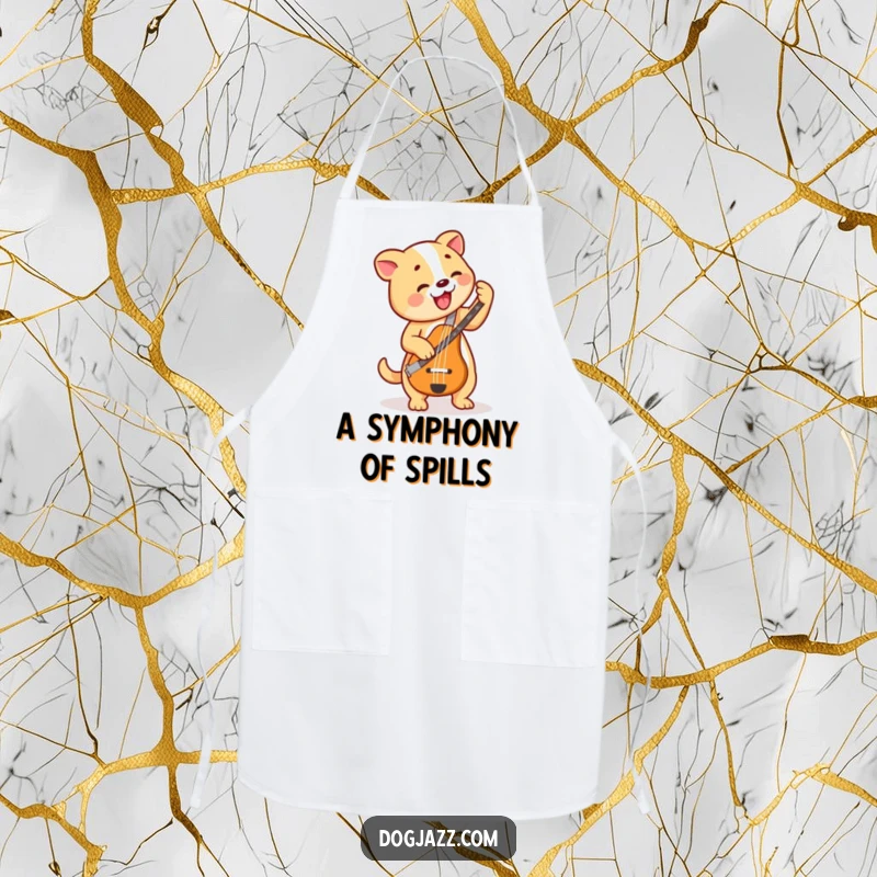 Funny Dog Bass Player Apron, a dog skillfully plays a bass guitar while cooking, a humorous kitchen accessory.