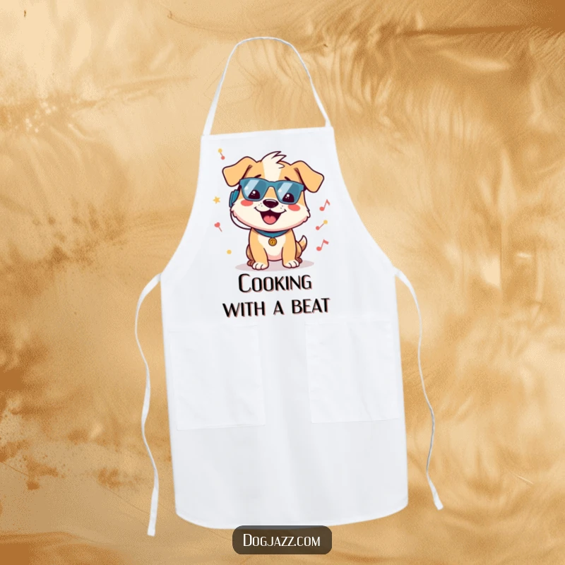 Funny dog apron featuring a cheerful dog character bopping its head to a groovy beat while cooking, adding musical fun to the kitchen.