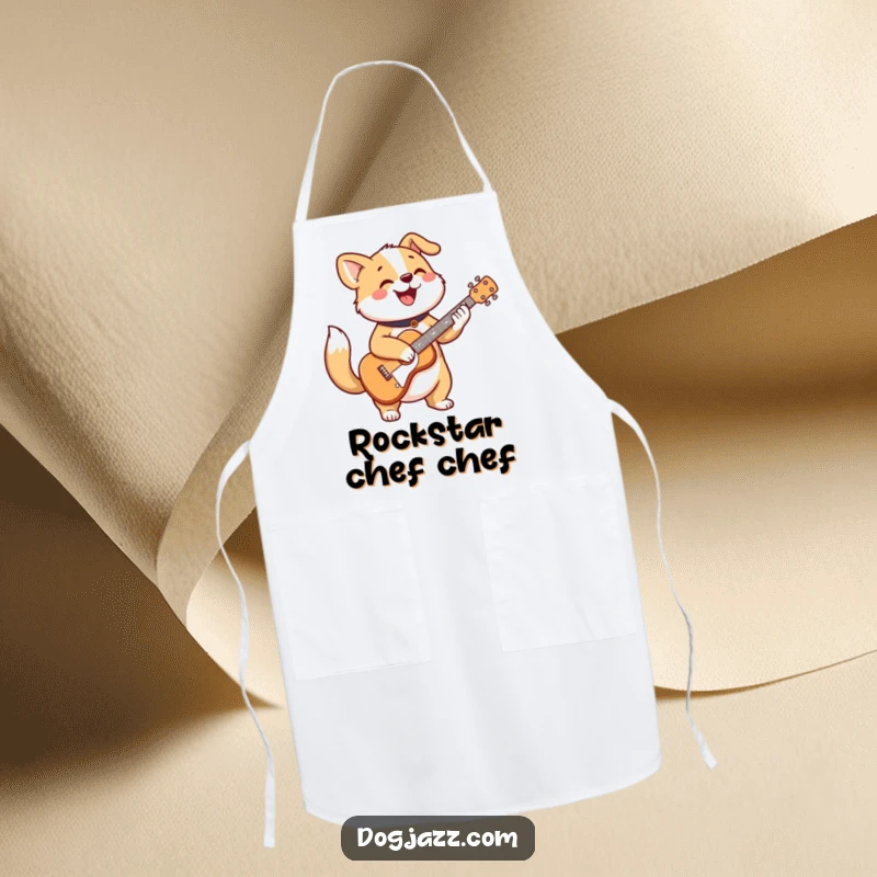 Funny apron with a cheerful dog character strumming a guitar with a wagging tail, kitchen humor.