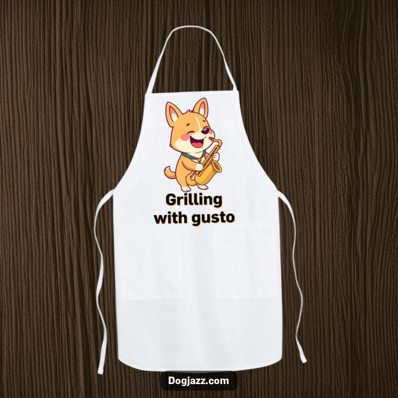 Funny apron with a happy dog character playing a saxophone with a wide grin, kitchen humor.