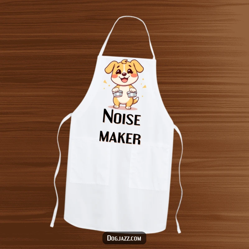 Funny dog character energetically playing cymbals with a smile, a humorous and functional apron.