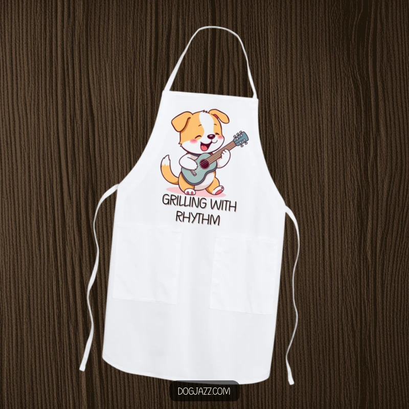 Funny apron with a dog enthusiastically strumming a tiny guitar, perfect for a music-loving cook or baker.
