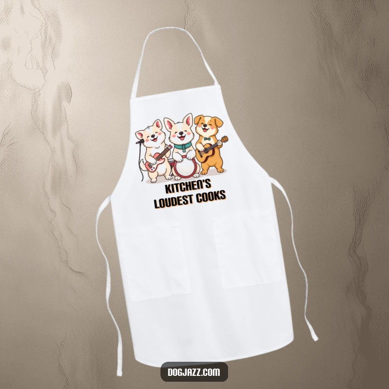 Funny Dog Jam Session Apron, a happy dog band plays instruments while cooking, a humorous kitchen accessory.