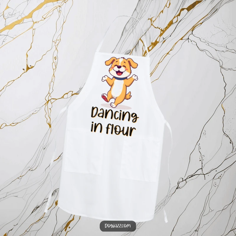 Funny Dog Tap Dancer Apron, a dog tap dances while cooking, a humorous and energetic kitchen accessory.
