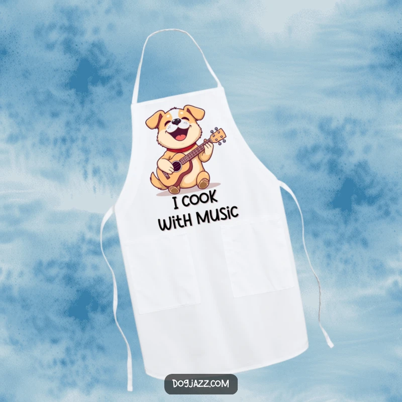 Funny dog apron for cooking, showing a happy dog playing a ukulele while kitchen-ready, adding humor to meal prep.