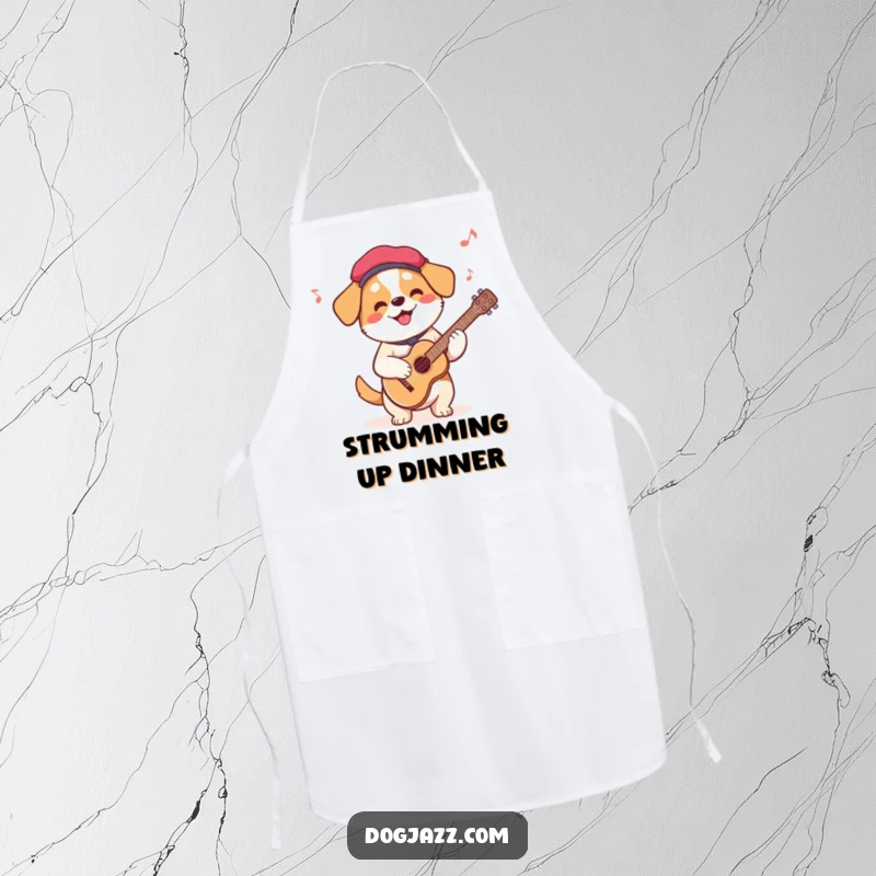 Funny French Dog Guitar Apron showing a dog in a beret playing guitar, perfect for kitchen performances and culinary arts.