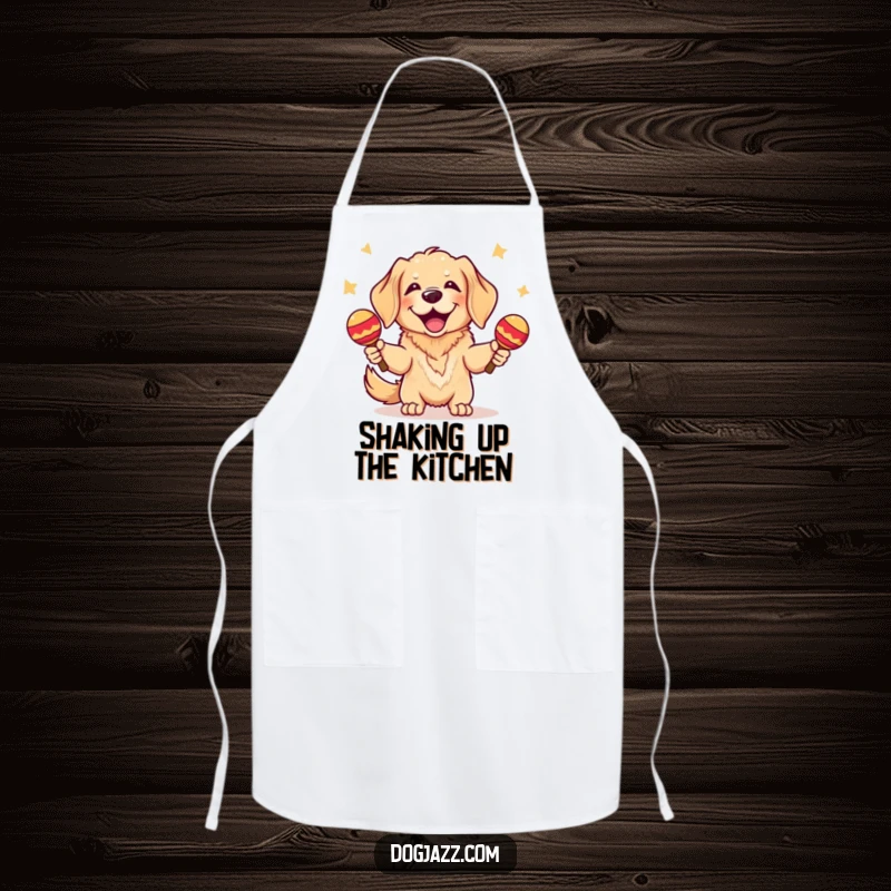 Funny Golden Retriever Apron: A cheerful golden retriever wearing an apron and shaking maracas, ready to cook up a storm.