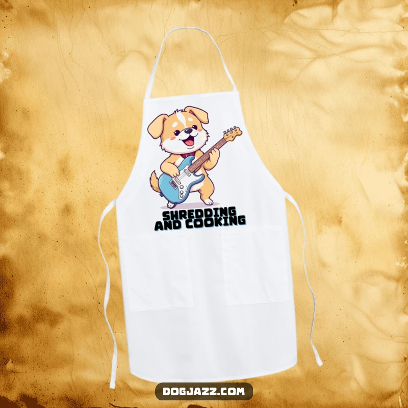 Funny kawaii dog apron with a gleeful pup playing an electric guitar, adding rockstar energy to kitchen activities.