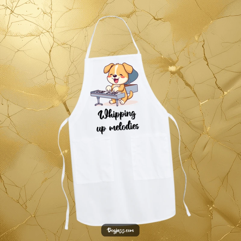 Funny dog playing piano with paws, humorous apron for kitchen musicians and dog lovers.