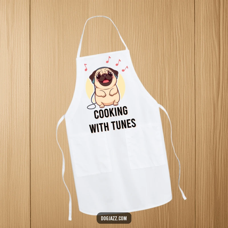 Funny pug apron showing a happy pug wearing headphones, nodding to imaginary jazz, perfect for a music-loving cook.