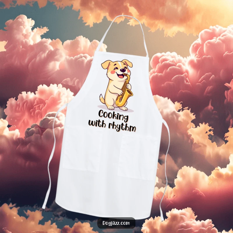 Funny Apron: A happy dog plays a tenor saxophone with crossed paws, adding a playful and talented touch to kitchen wear.