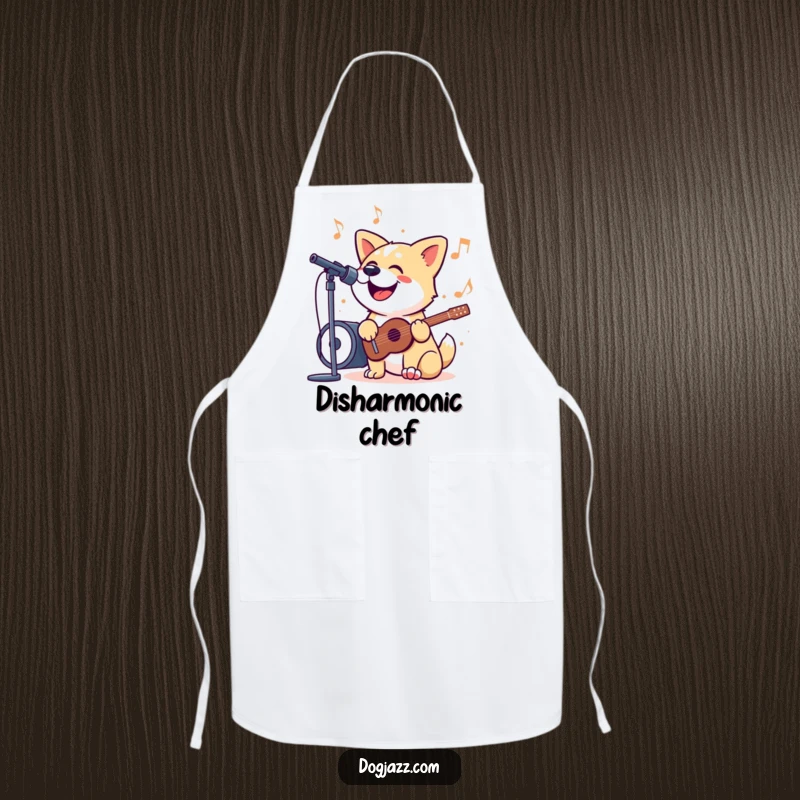Funny Apron showcasing a dog happily singing along to a jazzy tune, designed for kitchen fun and musical chefs, a humorous cooking gift.