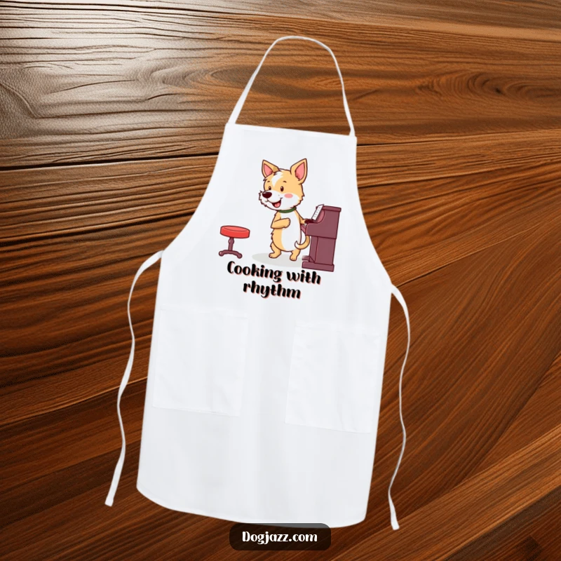 Funny terrier playing piano while cooking, looking energetic, on a functional apron, a funny gift.