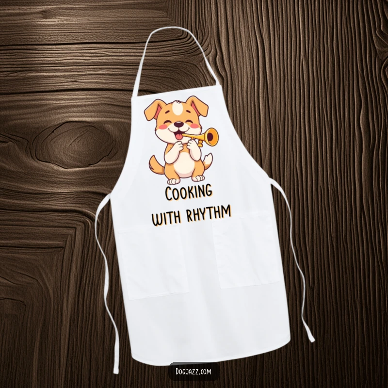 Funny apron featuring a happy dog playing a trumpet with a wagging tail, adding humor to kitchen tasks.