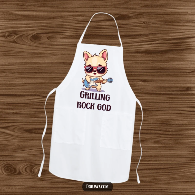 Funny rocker dog apron, sunglasses on, playing electric guitar, ready to protect kitchen attire with rockstar style.