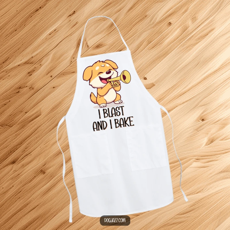 Funny dog apron for cooking, showing a dog playing a trumpet with enthusiasm, perfect for a humorous kitchen experience.