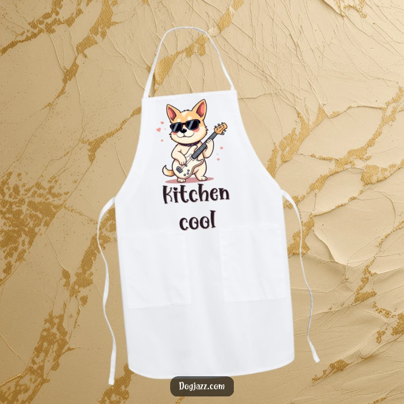 Funny Apron showcasing a cool dog playing a jazz bass, designed for culinary artists who appreciate smooth jazz and stylish kitchen wear.