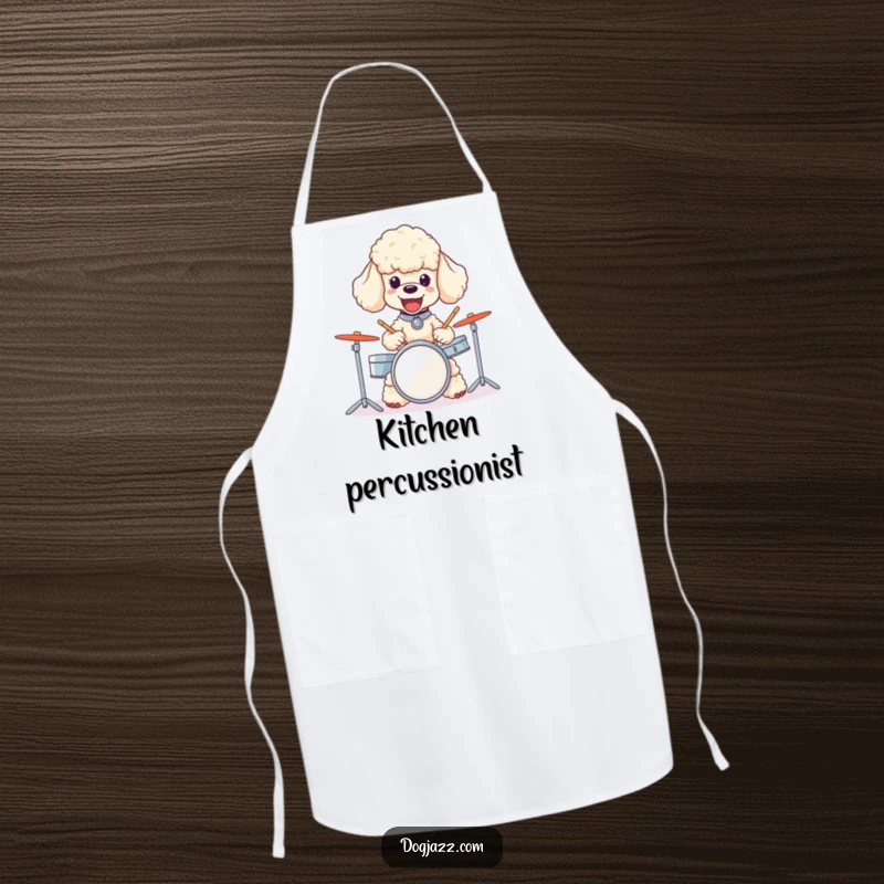 Funny poodle apron showing a joyful dog vigorously playing a small drum set while cooking with gusto.