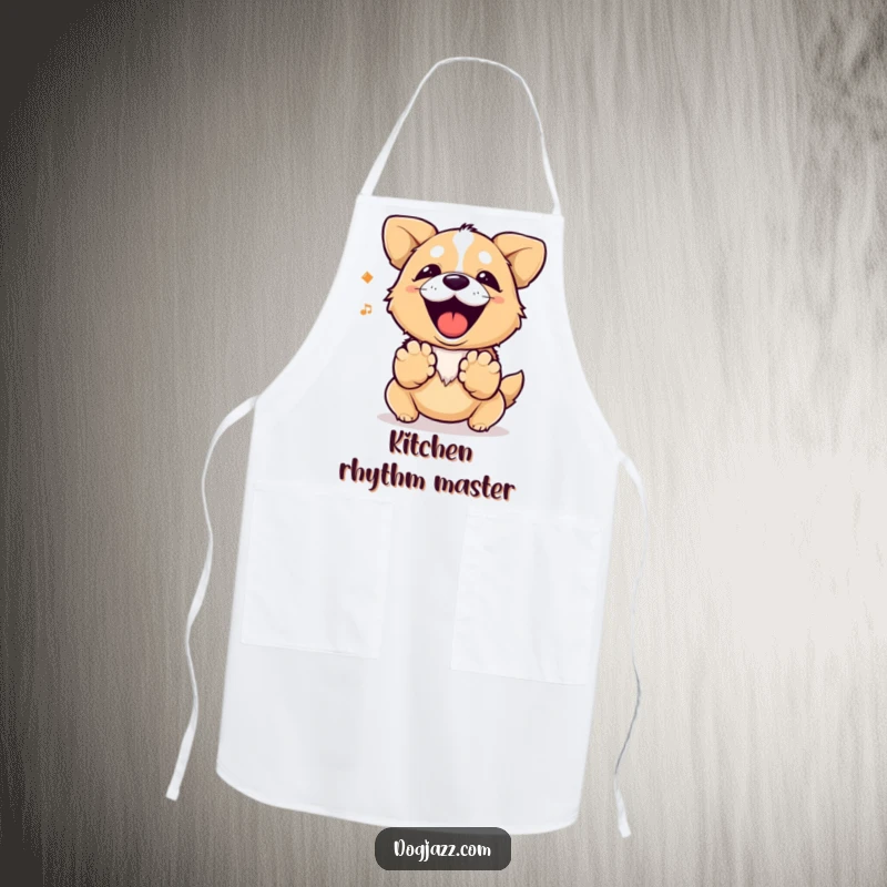 Funny dog barking a rhythm with its paws, wearing a humorous apron.
