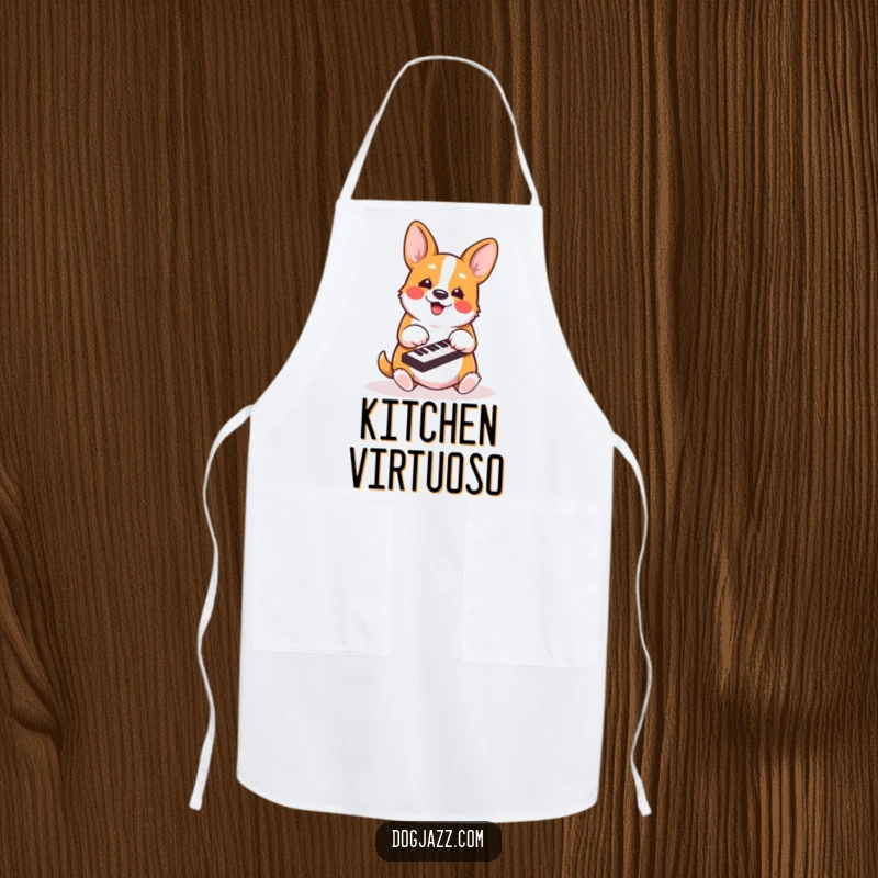 Funny corgi apron showing an energetic dog playing piano keys with its paws while cooking with enthusiasm.