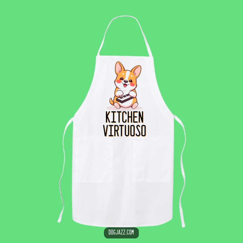 Funny Corgi Piano Apron - Energetic Chef Dog for Humorous Kitchen Melodies