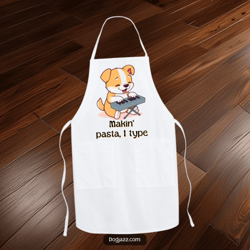 Funny apron with a determined cartoon dog typing on a keyboard, perfect for kitchen focus.