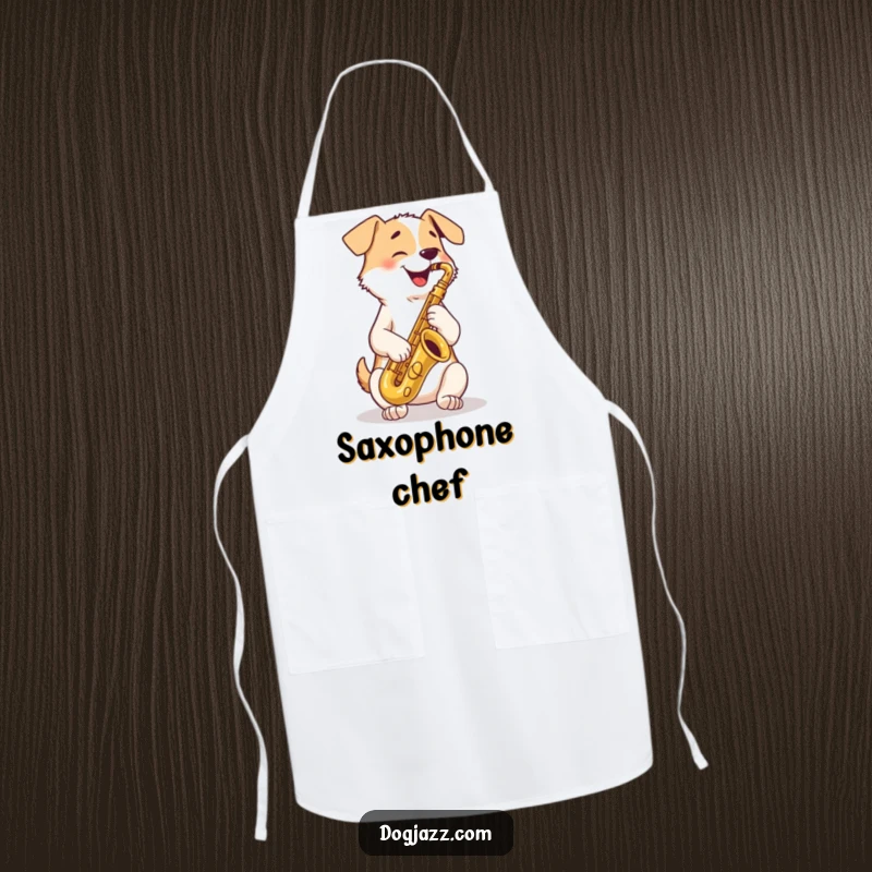 Funny Apron: a happy dog playing a tenor saxophone, ready to add a musical touch to any culinary creation.