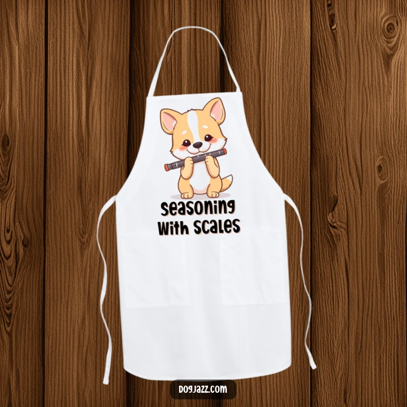 Funny Dog Clarinet Player Apron, a dog plays the clarinet elegantly while cooking, a humorous kitchen accessory.