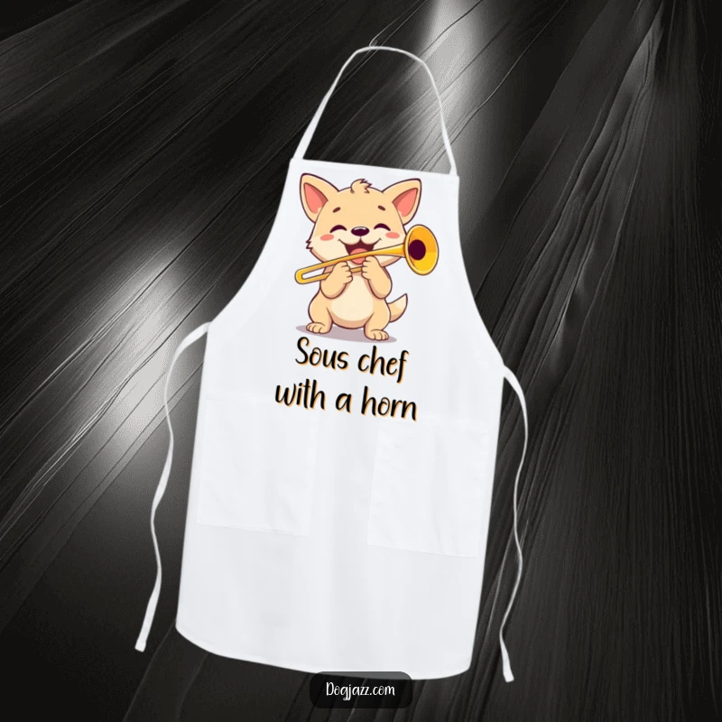 Funny Dog Trombone Player Apron: A happy dog character enthusiastically playing a trombone, adding musical fun to kitchen tasks.