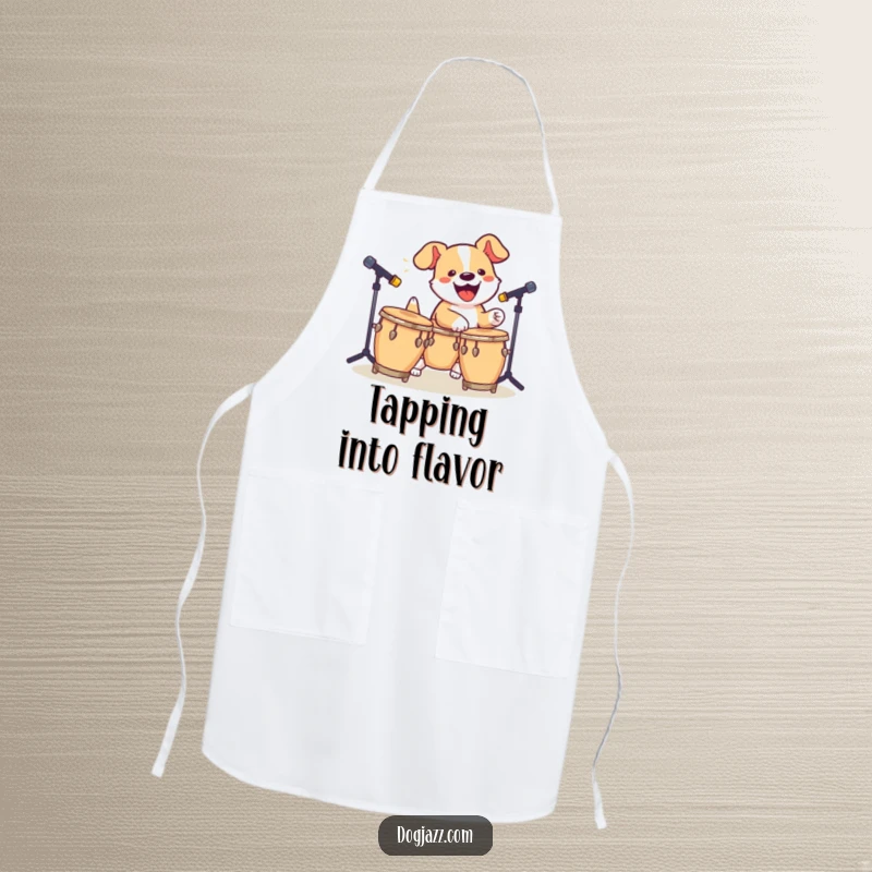 Funny Dog Bongo Apron: A dog wearing an apron and energetically tapping bongos, ready for kitchen fun.