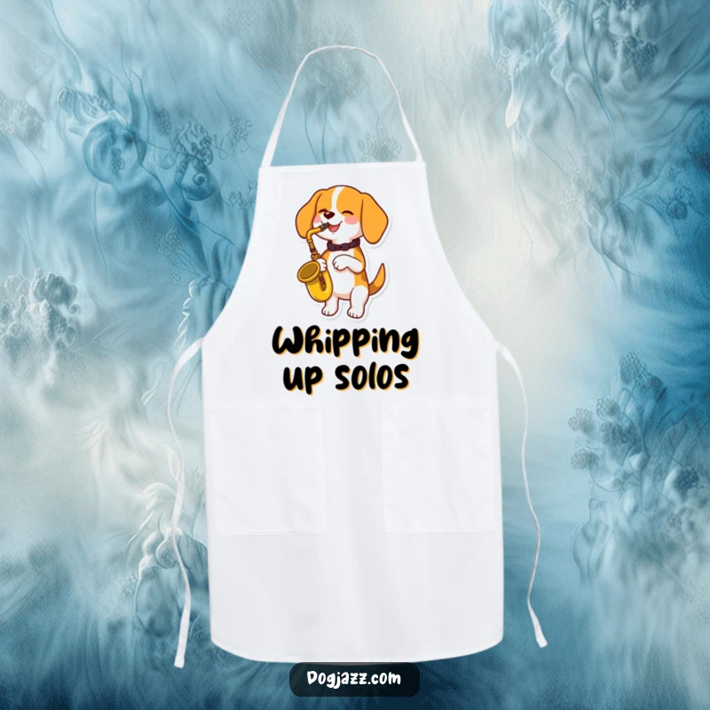 Funny beagle dog playing a saxophone while cooking, wearing a chef hat, on a practical apron, a funny gift.