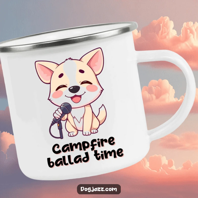 Funny dog crooning into a microphone with closed eyes, a musical companion for campfire tunes on a camping mug.