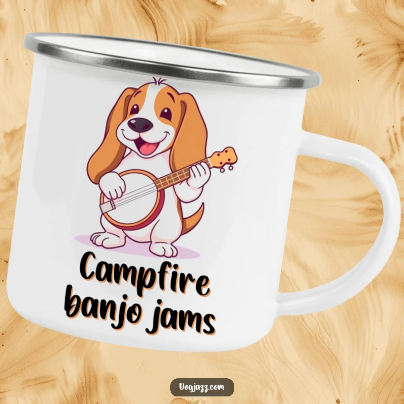 Funny Basset Hound Banjo Camping Mug: A durable mug with a basset hound playing a banjo, ideal for rustic outdoor adventures.