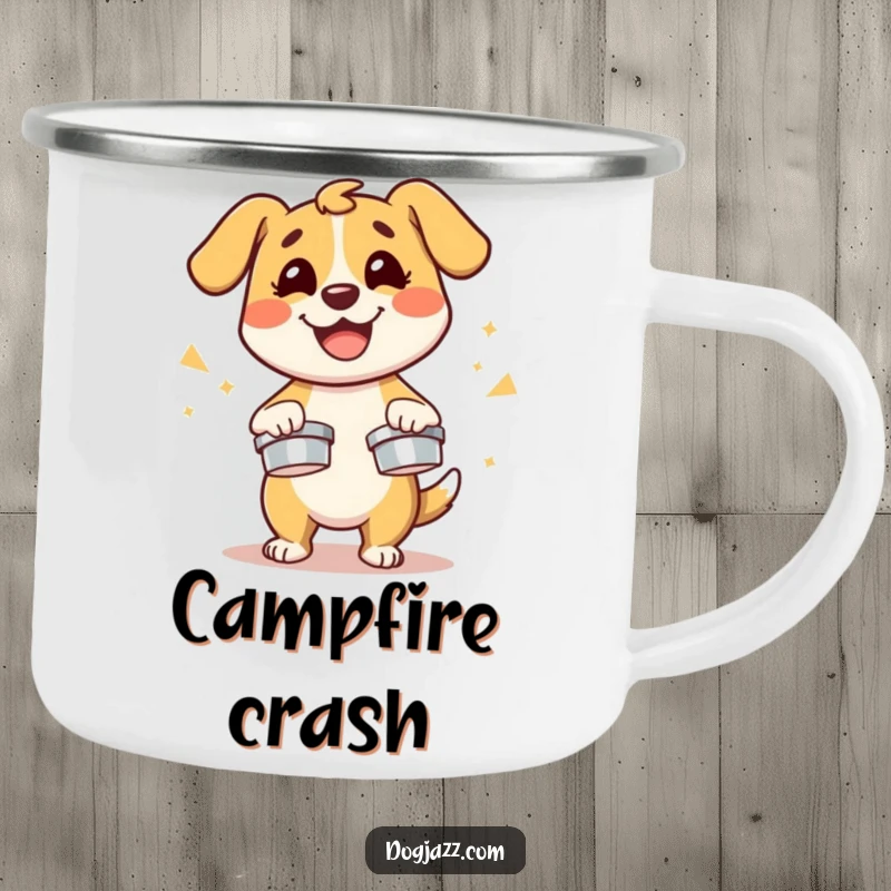 Funny dog character energetically playing cymbals with a smile, a durable and humorous camping mug.