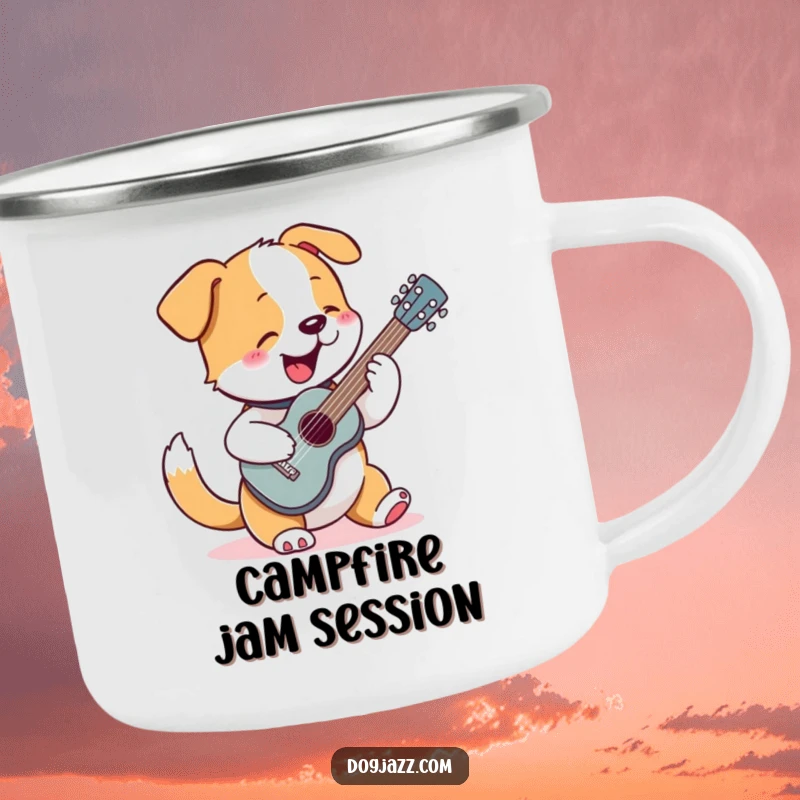 Funny camping mug featuring a dog enthusiastically strumming a tiny guitar, ideal for enjoying drinks outdoors.
