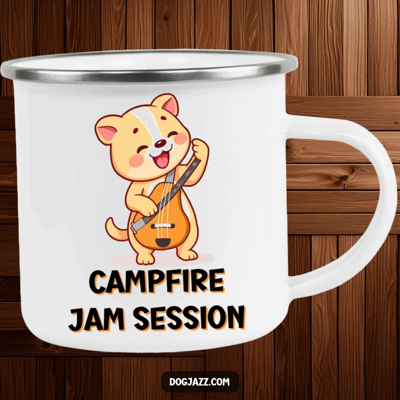 Funny Dog Bass Player Camping Mug, dog jamming on a bass, ideal for outdoor music lovers, durable and fun.