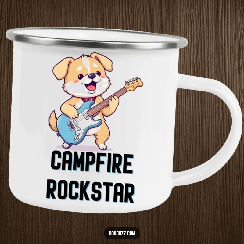 Funny kawaii dog camping mug with a gleeful pup playing an electric guitar, perfect for music-loving adventurers.