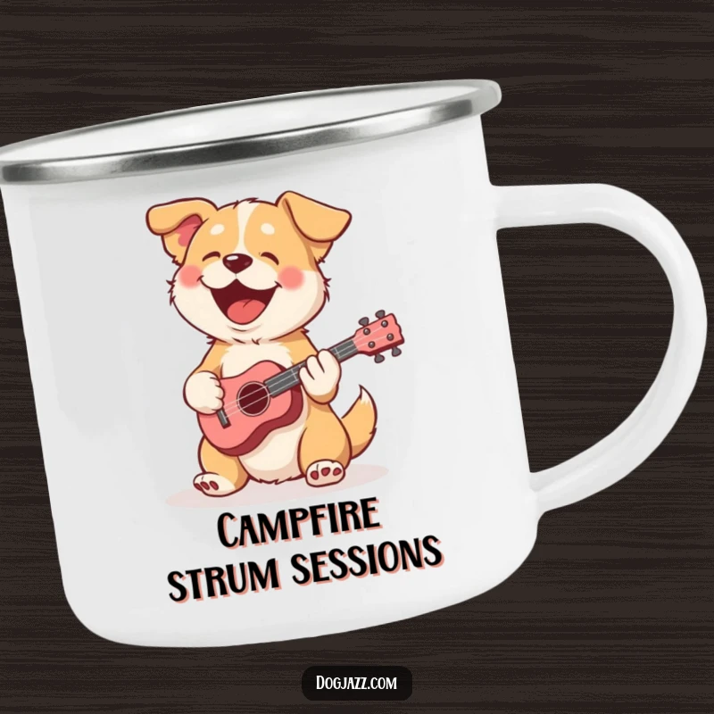 Funny dog camping mug showing a dog happily playing a ukulele, perfect for outdoor music lovers.