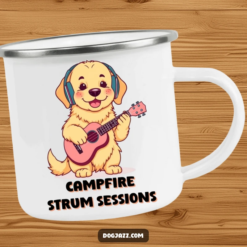 Funny Golden Retriever Ukulele Camping Mug: A durable mug with a golden retriever wearing headphones, strumming a ukulele, ideal for chill adventures.