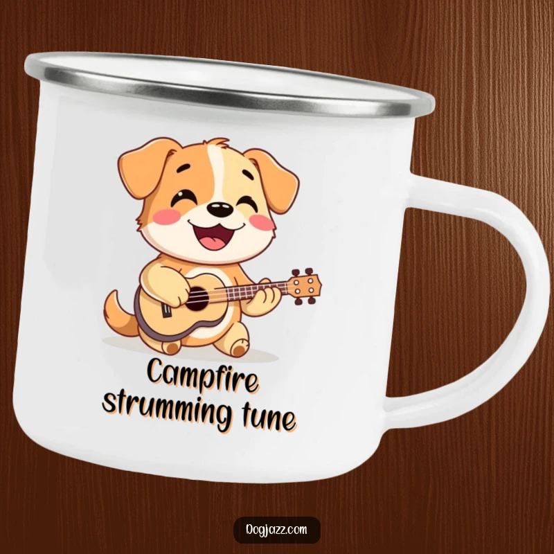 Funny dog strumming a tiny ukulele with a smile, a musical companion for outdoor adventures on a camping mug.