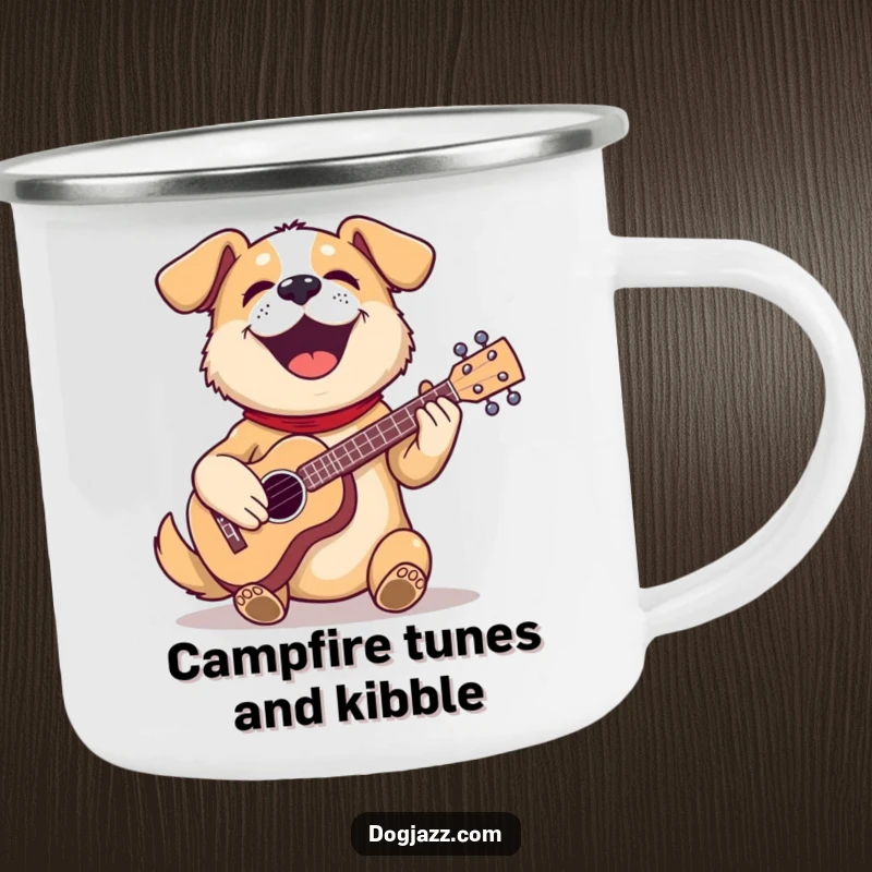 Funny dog camping mug with a happy dog playing a ukulele, perfect for enjoying drinks outdoors with a musical touch.
